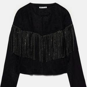 Zara Black Fringe Suede Jacket with Rhinestone Detail